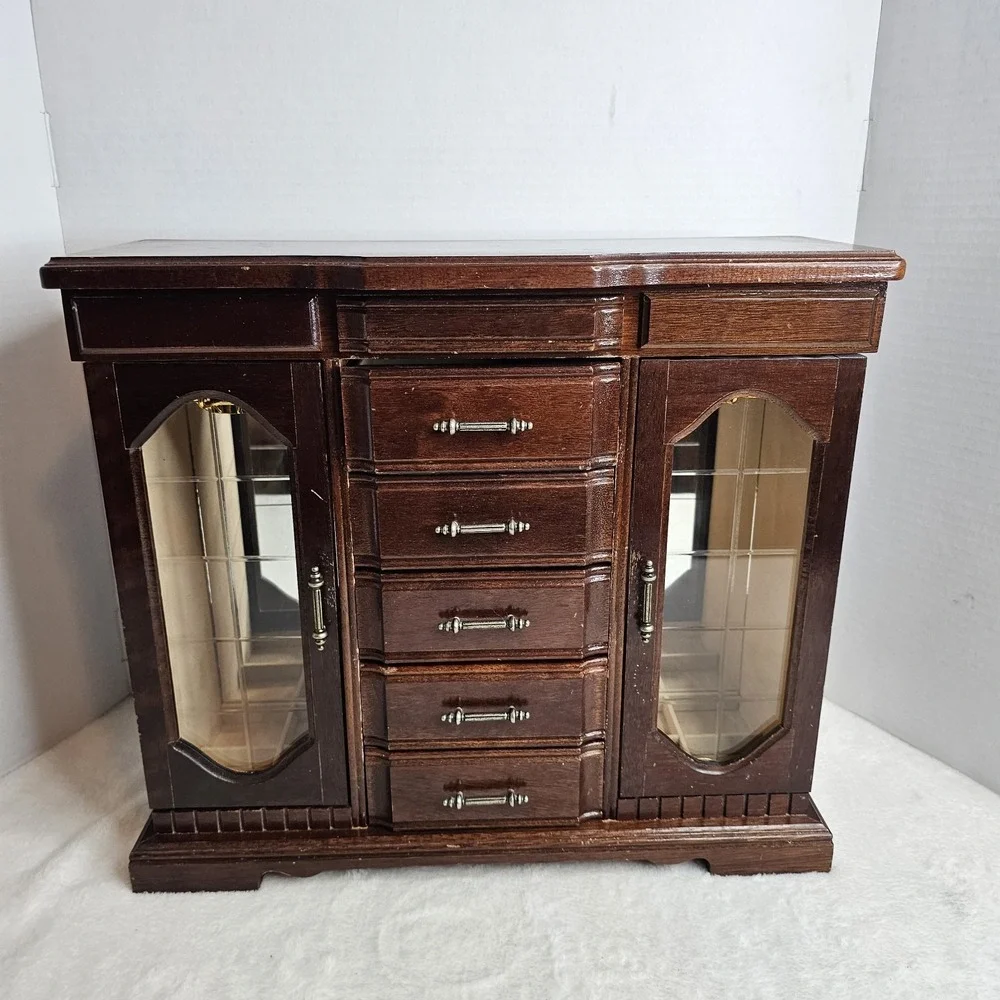 Vintage Wood Jewelry Box Brown Velvet Lined Mirror 5 Drawers Glass Doors